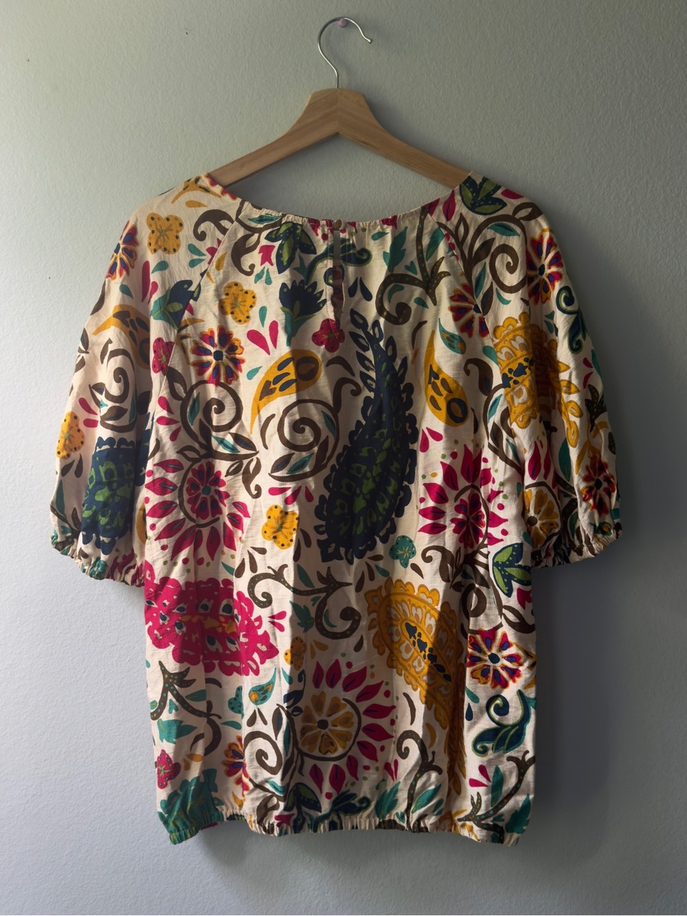 CeCe Floral Scoop-Neck Blouse in Cream, Blue & Green - Picture 2 of 7